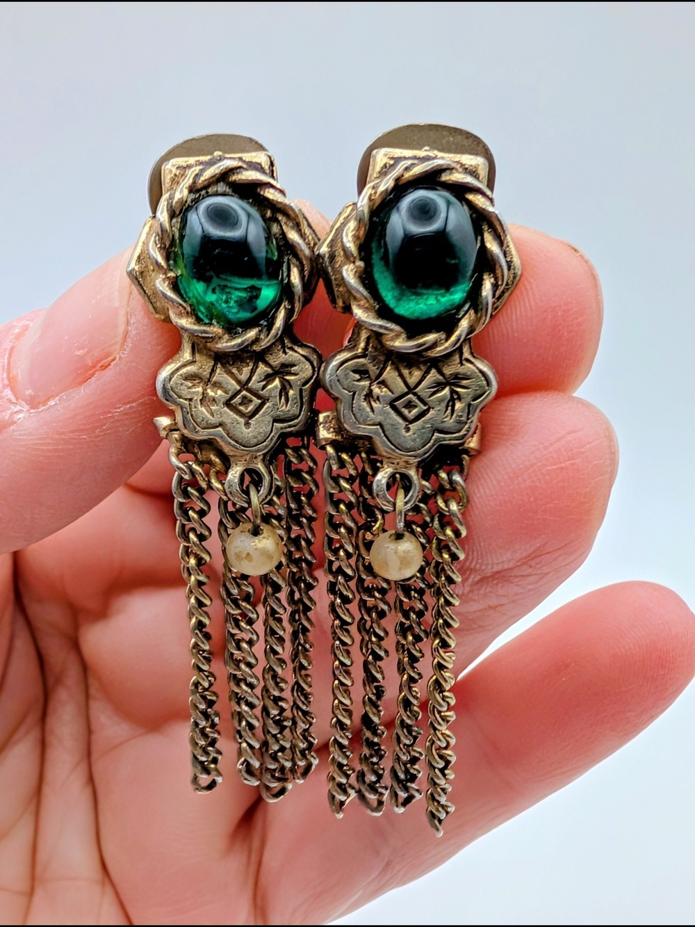 Vintage 1960's Green Stone Tassel Clip-On Earrings